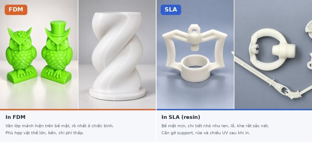 Ảnh thực tế: mẫu in FDM (hai chú cú xanh, chiếc bình xoắn trắng) so với mẫu in SLA resin trắng với chi tiết nhỏ, ren và bề mặt mịn