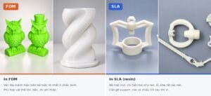 Ảnh thực tế: mẫu in FDM (hai chú cú xanh, chiếc bình xoắn trắng) so với mẫu in SLA resin trắng với chi tiết nhỏ, ren và bề mặt mịn