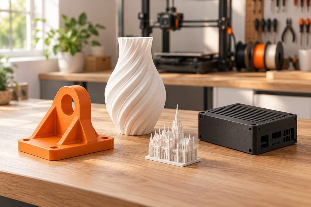 Mẫu in 3D màu cam đặt cạnh bình trắng xoắn trên bàn gỗ (hình ảnh minh họa)